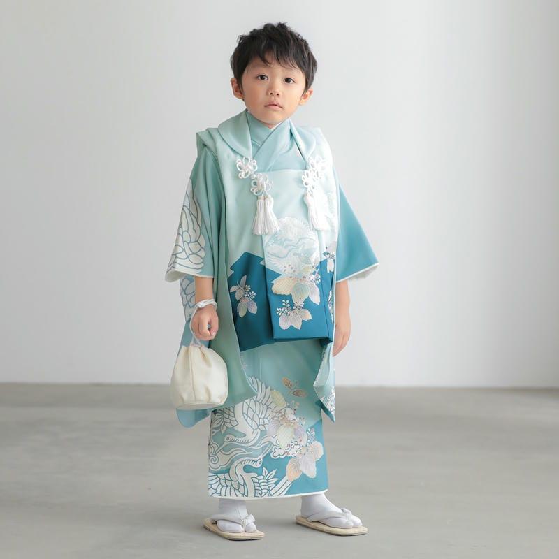 七五三 着物レンタル 3歳 753 男の子 フルセット 被布 水色 向かい鶴に