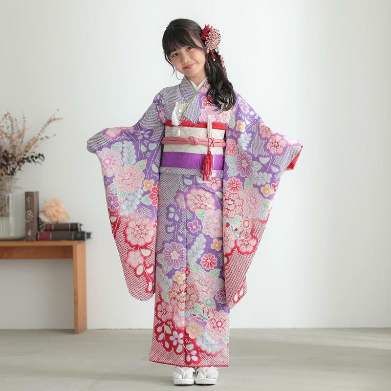 七五三 7歳着物 レンタル フルセット 紫 総絞り花々 女の子 七歳 753