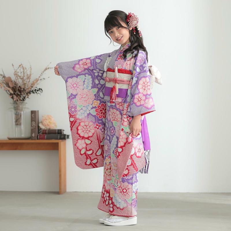 七五三 7歳着物 レンタル フルセット 紫 総絞り花々 女の子 七歳 753