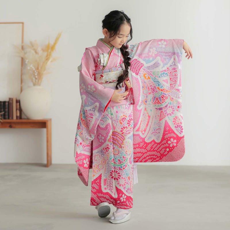 七五三 7歳着物 レンタル フルセット 総絞り ピンク 熨斗束に手毬