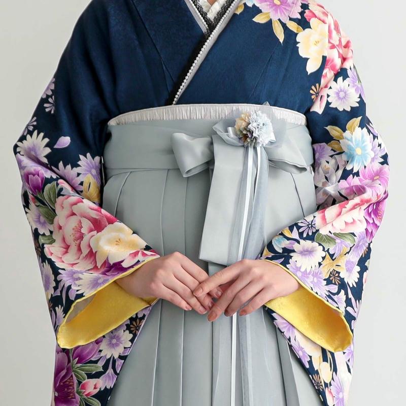 卒業式 袴セット 鉄紺 牡丹に水仙(絹)一点物 レンタル 大学生 振袖袴