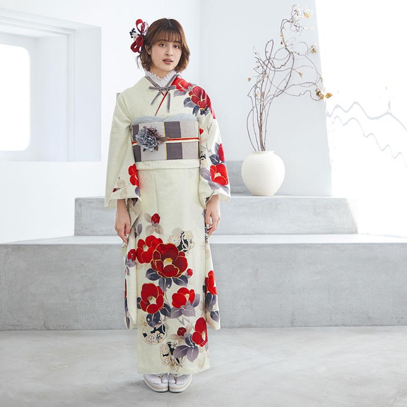 振袖 レンタル 成人式 結婚式 クリーム 赤椿に花丸文 Vサンク 12月〜1