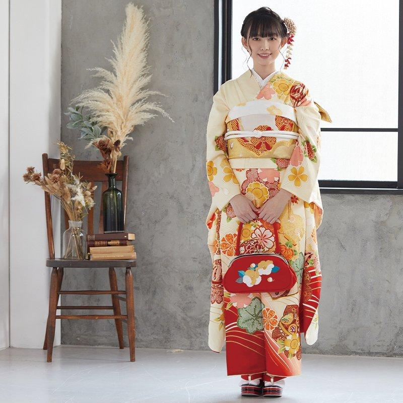 振袖 レンタル 成人式 結婚式 薄黄色 波に扇面鞠と花（絹）12月〜1月