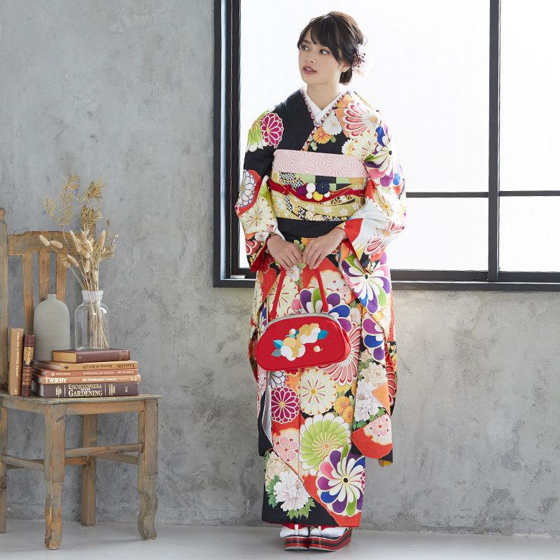 振袖 レンタル 成人式 結婚式 黒 牡丹にねじ梅鶴 紅一点 12月〜1月利用