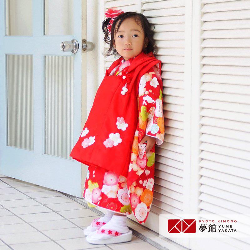 七五三 着物レンタル 3歳 753 女の子 フルセット 被布 赤×赤 梅と