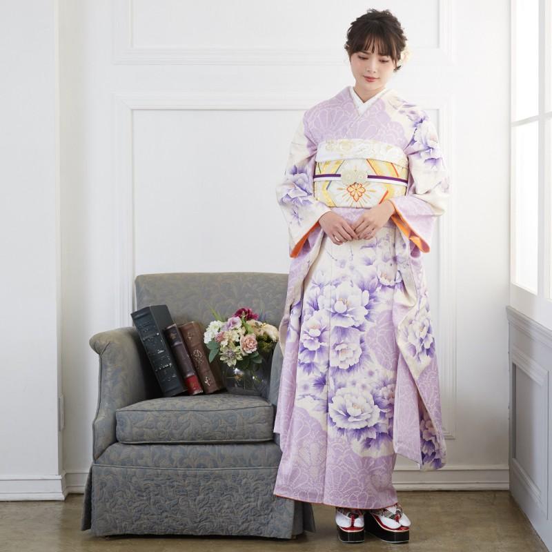 振袖レンタル 絞り 水彩 紫 牡丹に梅花(絹)(宅) 成人式 結婚式 モデル