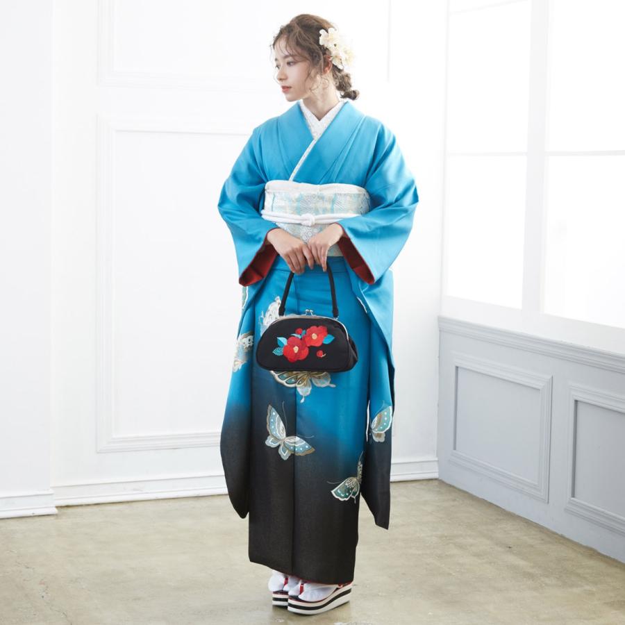 振袖 レンタル 成人式 結婚式 ブルー ラメ入り 金彩蝶(絹)(宅)モデル