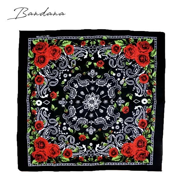 バンダナ ペイズリー柄 ローズ ブラック 大判 ハンカチ おしゃれ 黒