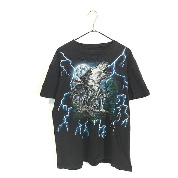 古着 90s USA THUNDER 豪華 ウルフ ブルー サンダー Tシャツ L位