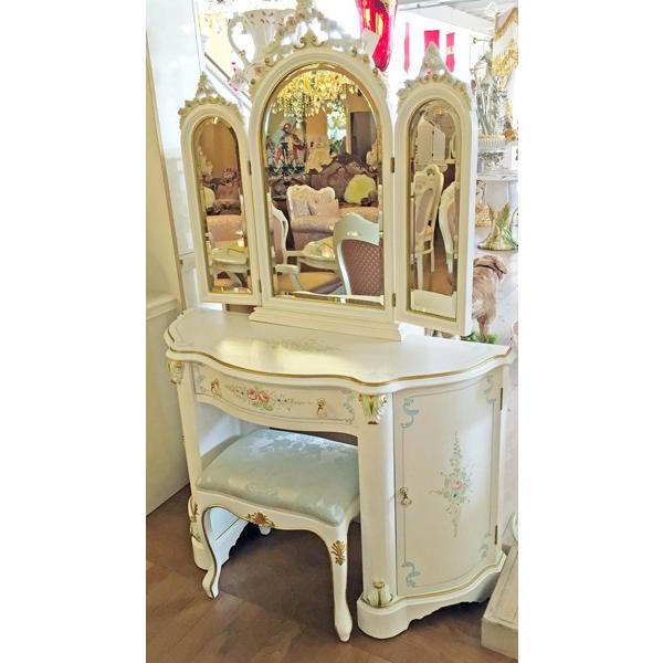 ロココ調 ドレッサー 三面鏡 イス付き 白家具 アンティーク エレガント