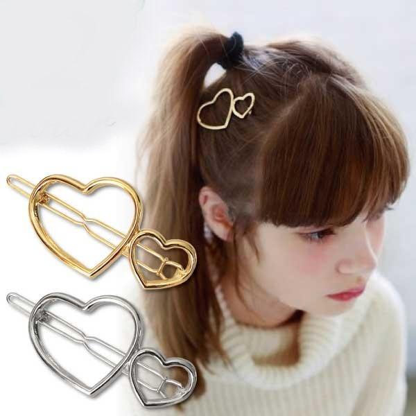 送料無料 ダブルハートのメタル フレームピン ヘアピン ヘアクリップ