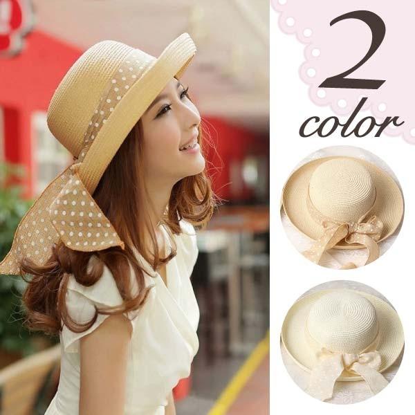 麦わら 帽子 ドットリボン 麦わら帽子 ドット ビッグリボン ストロー
