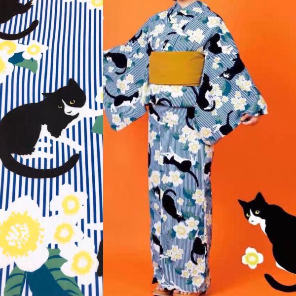 ネコ柄 浴衣 猫 レディース 猫柄 三毛猫 セット 大きサイズ レトロ