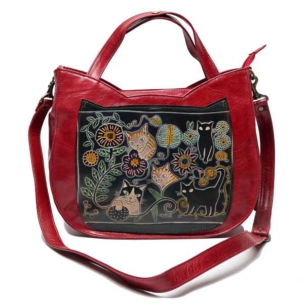 手染め 猫型 2WAYトートバッグ ＆ ショルダーバッグ 猫と花 （レッド