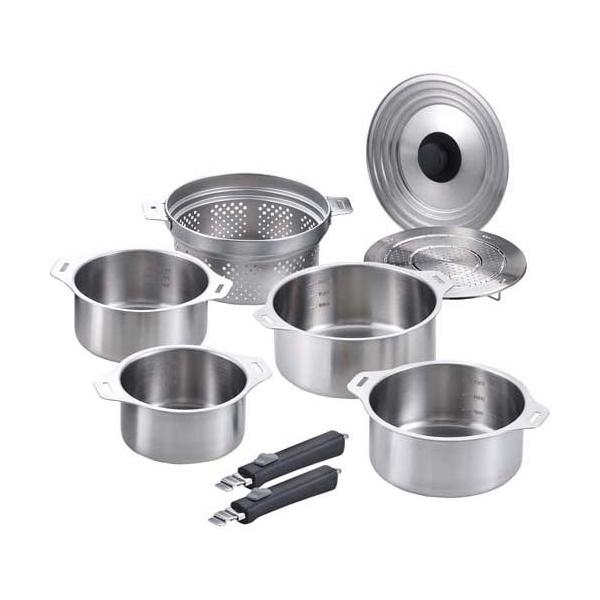 燕三 IH対応ハンドル着脱式鍋4点セット 蒸し台＆中かご付 EM-033 ( 1