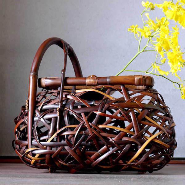渡辺竹清作 鳳尾竹乱れ編み花籠（Japanese bamboo art by Chikusei