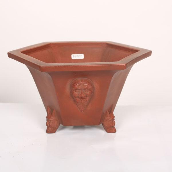 盆栽小鉢：美芸（常滑）六角鬼面足面付鉢 21.5cm*資材 : 遊恵盆栽