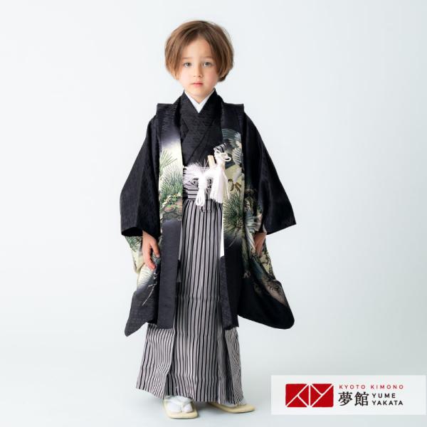 七五三 着物 レンタル 753 5歳 男の子 黒 鷹に松×黒縞 端午の節句