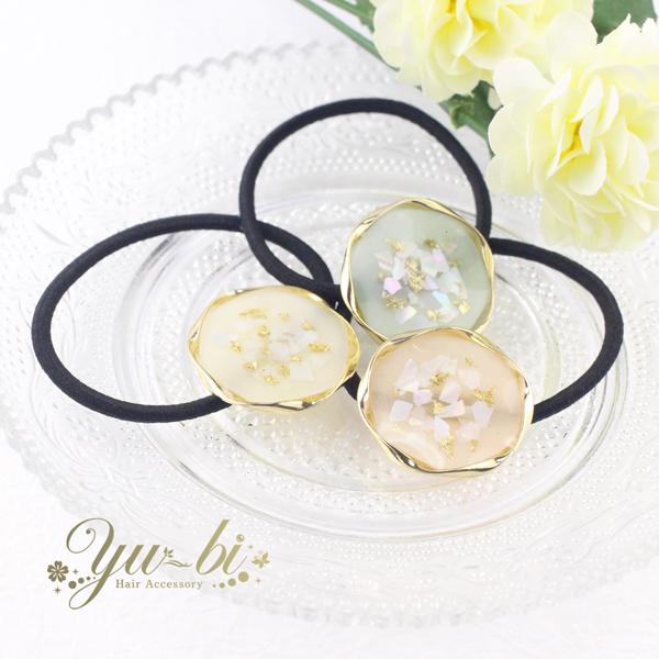 ヘアゴム/レジン風 パステル 丸型 ゴールドラメ g135☆クリーム/ピンク