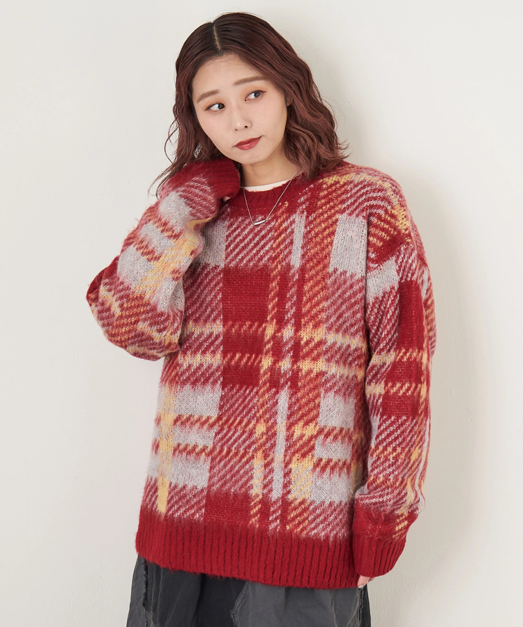 冬クリアランス】モヘアタッチ ニット ジャガード チェック柄 プル