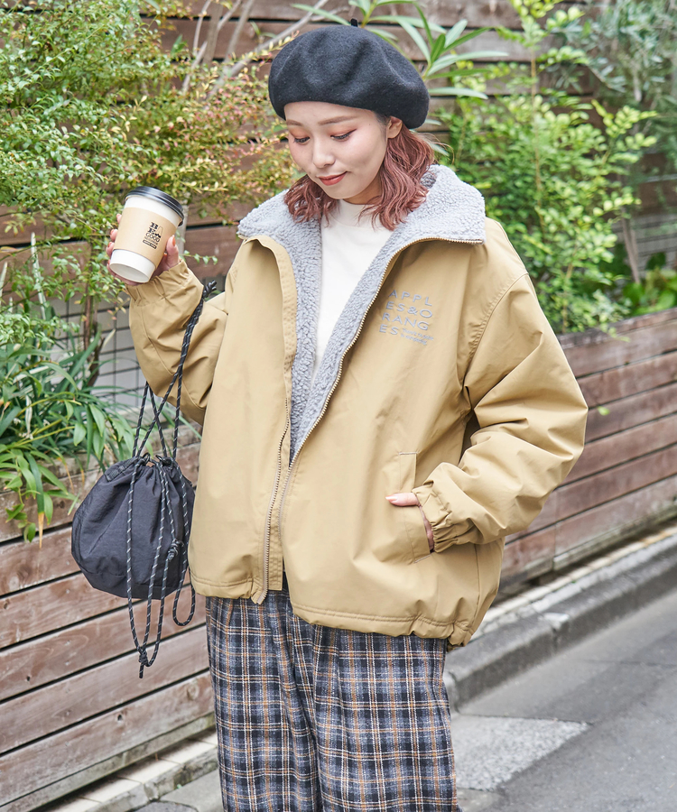 冬クリアランス】ナイロン × 裏ボア スタンドカラー ジップアップ