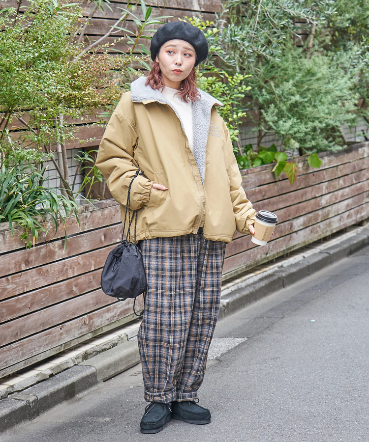 冬クリアランス】ナイロン × 裏ボア スタンドカラー ジップアップ