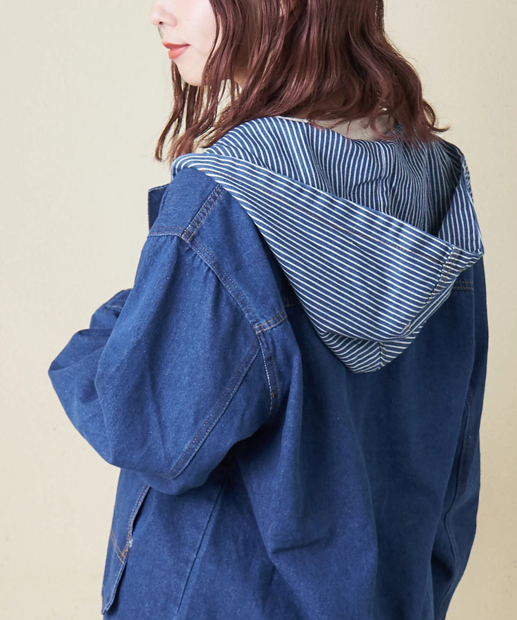 春新作】デニム × ヒッコリー フード付 ジャケット｜ファッション通販