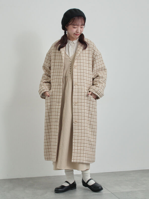 セール】 【尾州ウール】フラワー柄ジャカードコート（ベージュ/ブルー