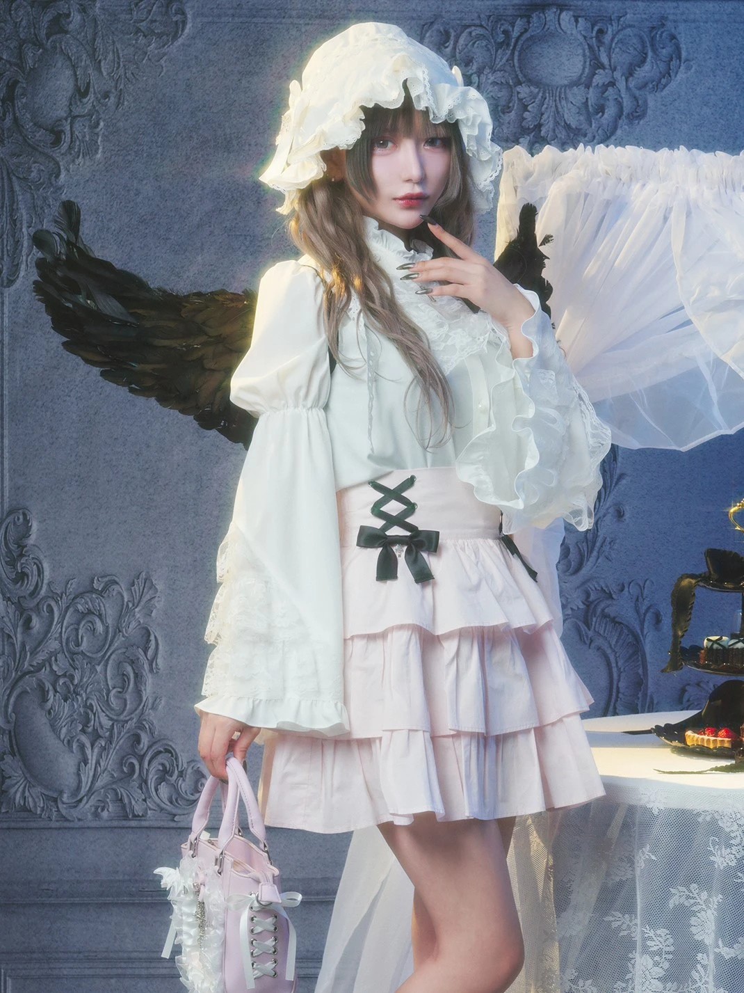 TRALALA 希少 ドット柄 リボン ブラックシフォンピンクレーススカパン