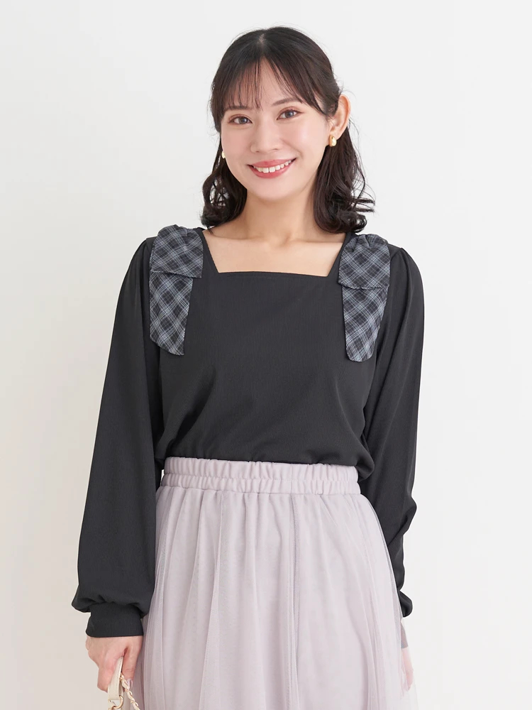 チェック柄ショルダーリボントップス（大きいサイズ・ぽっちゃり女子