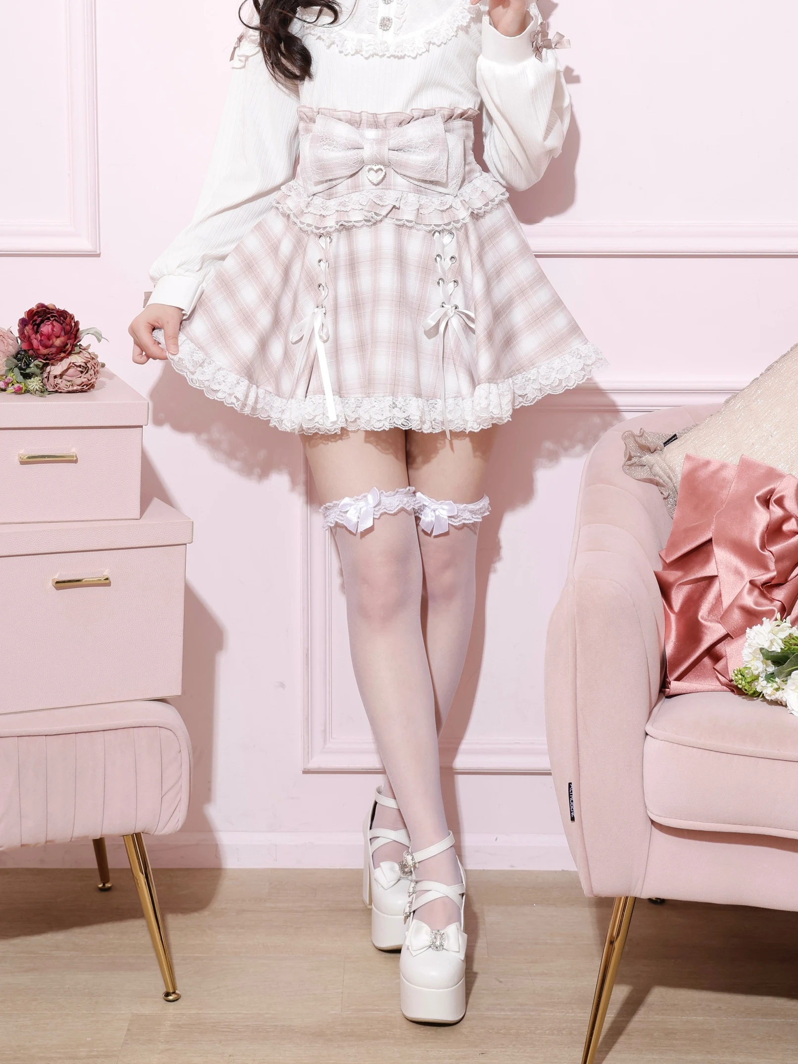 ドーリーリボンダブルスピンドルスカパン（ミニスカート｜ピンク・黒