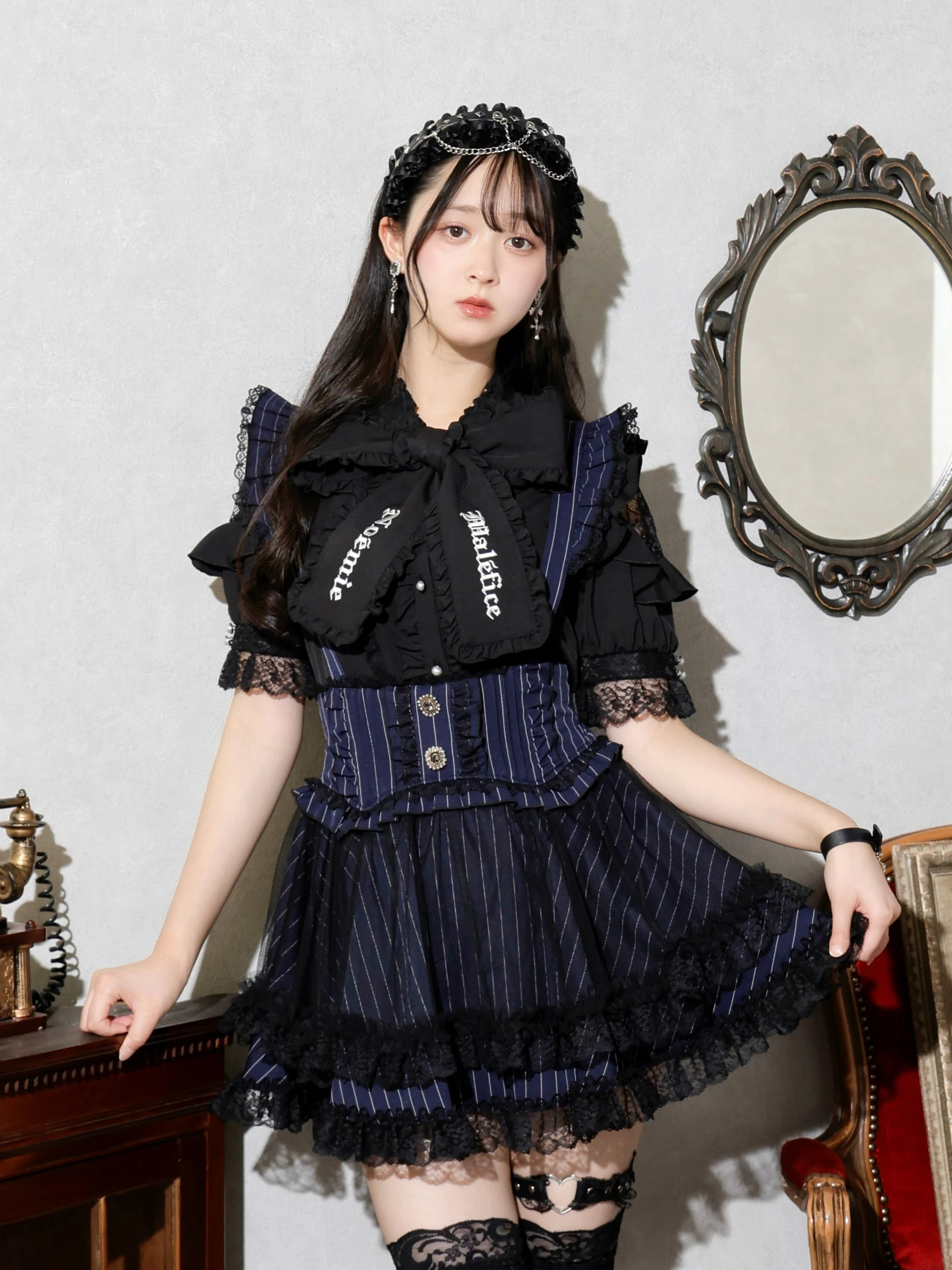 ゴシックチュールサスペンダースカパン（ミニスカート｜青・A柄・黒