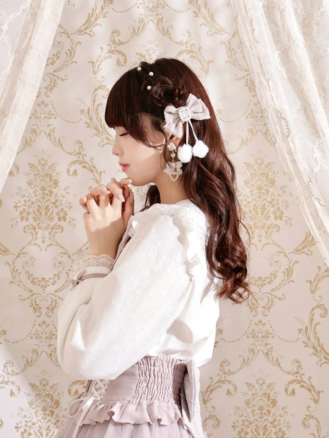 ツイードリボンぽんぽんツインテールクリップ（アクセサリー｜オフ