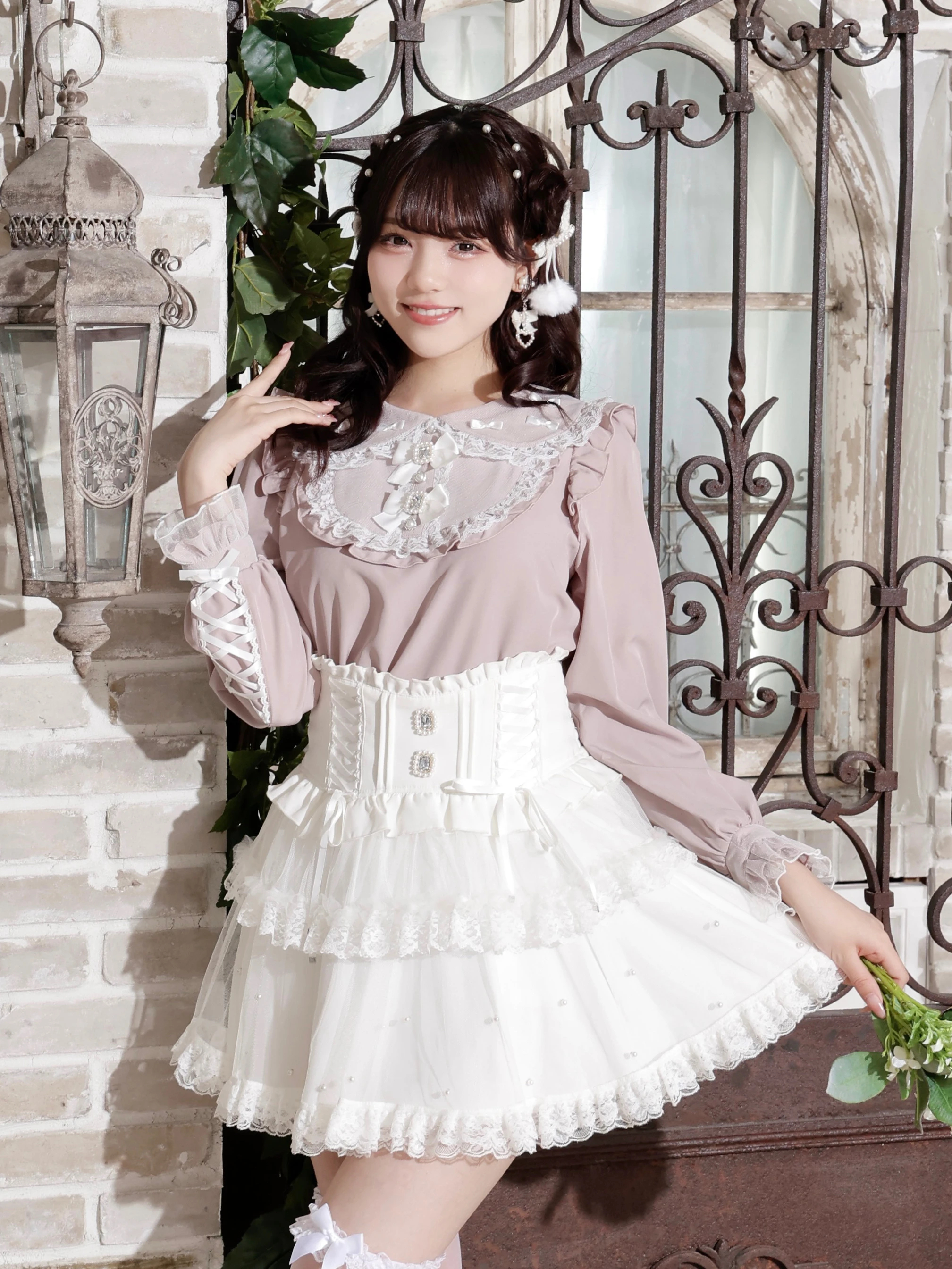 メニーリボンレースアップブラウス（シャツ・ブラウス｜ペールピンク