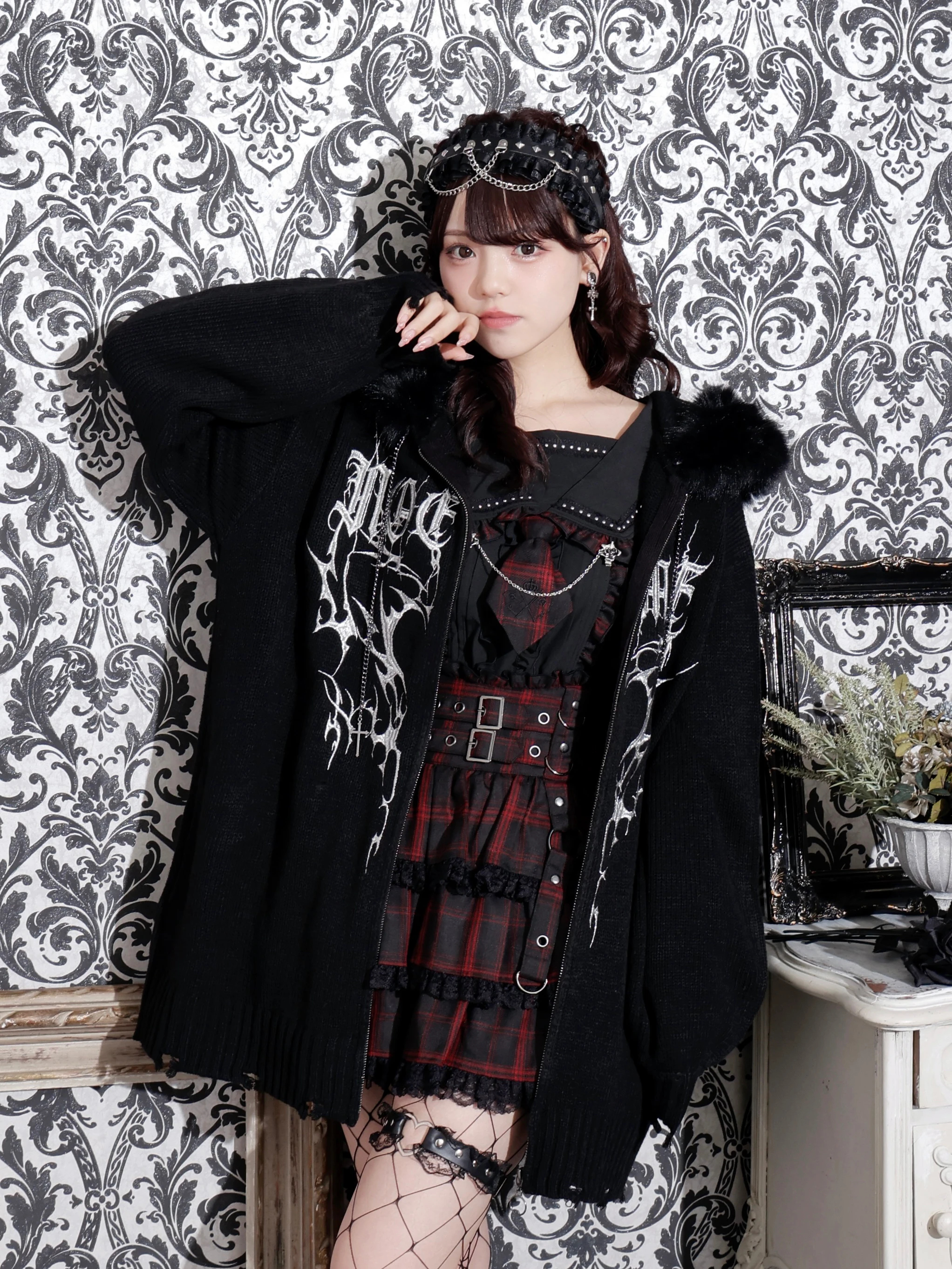 フードファーダメージユニセックスニットZIPパーカー（パーカー｜紫