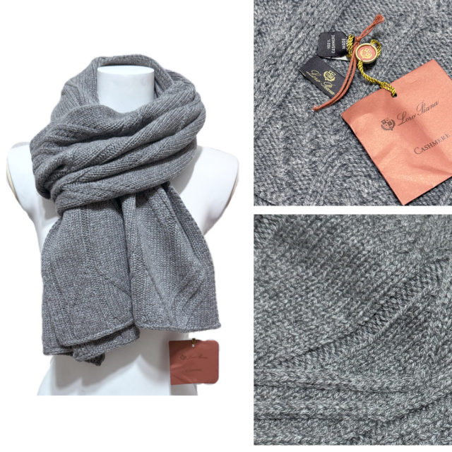ロロピアーナ 男女兼用 カシミア100％ ケーブルニットマフラー グレー