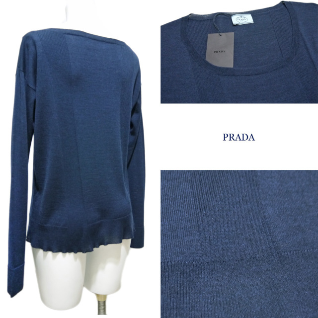 プラダ ウール×シルク Uネック 薄手ニットセーター ネイビー #38#40#42