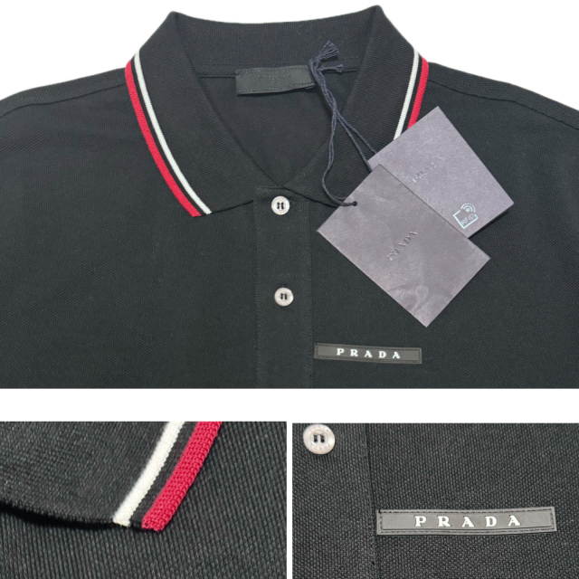 プラダ メンズ 定番 鹿の子 半袖ポロシャツ 黒 #XL PRADA