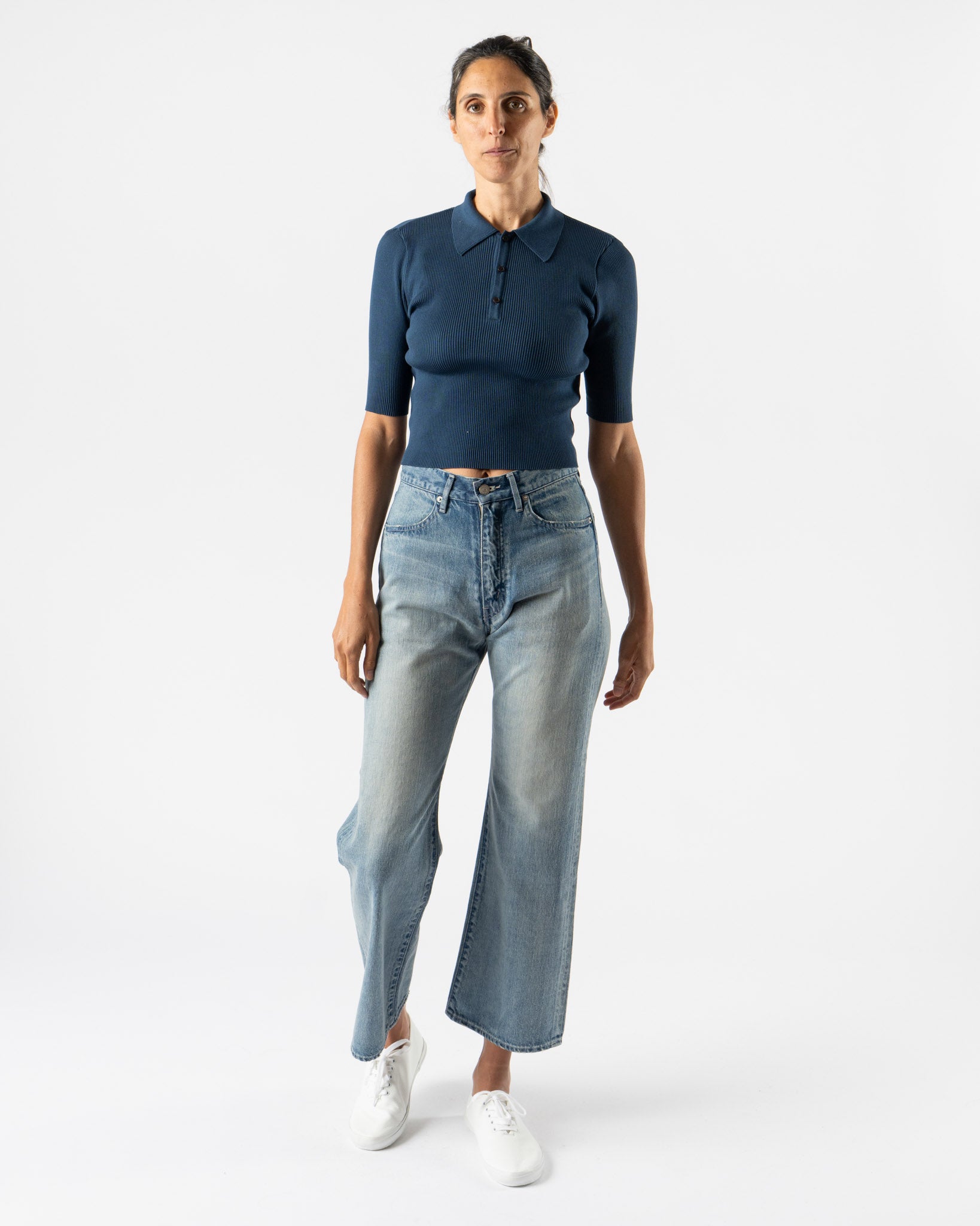 Auralee Cotton High Gauge Rib Knit Polo in Navy Curated at Jake