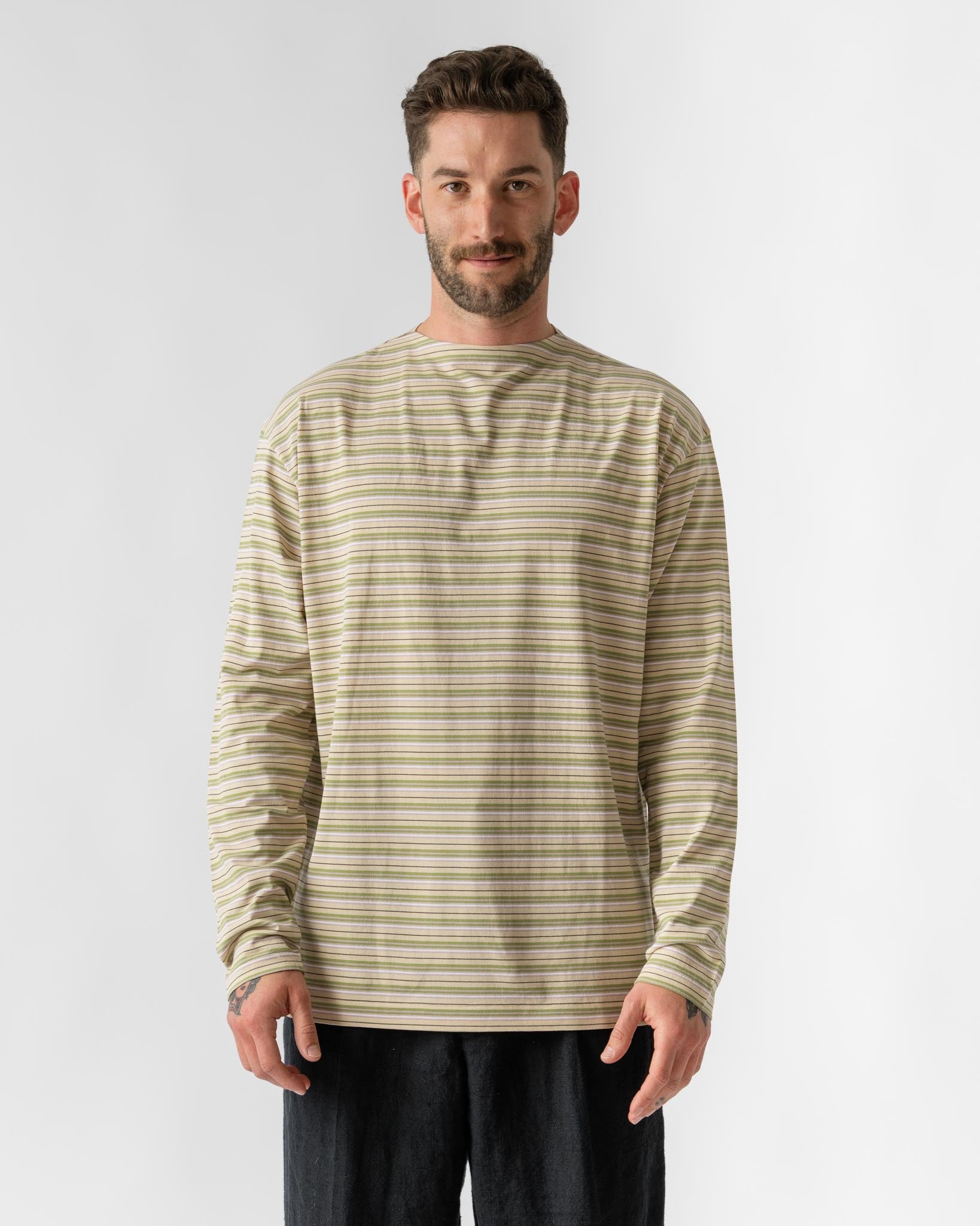 Auralee Hard Twist Cotton Border Boat Neck Long Sleeve Tee in