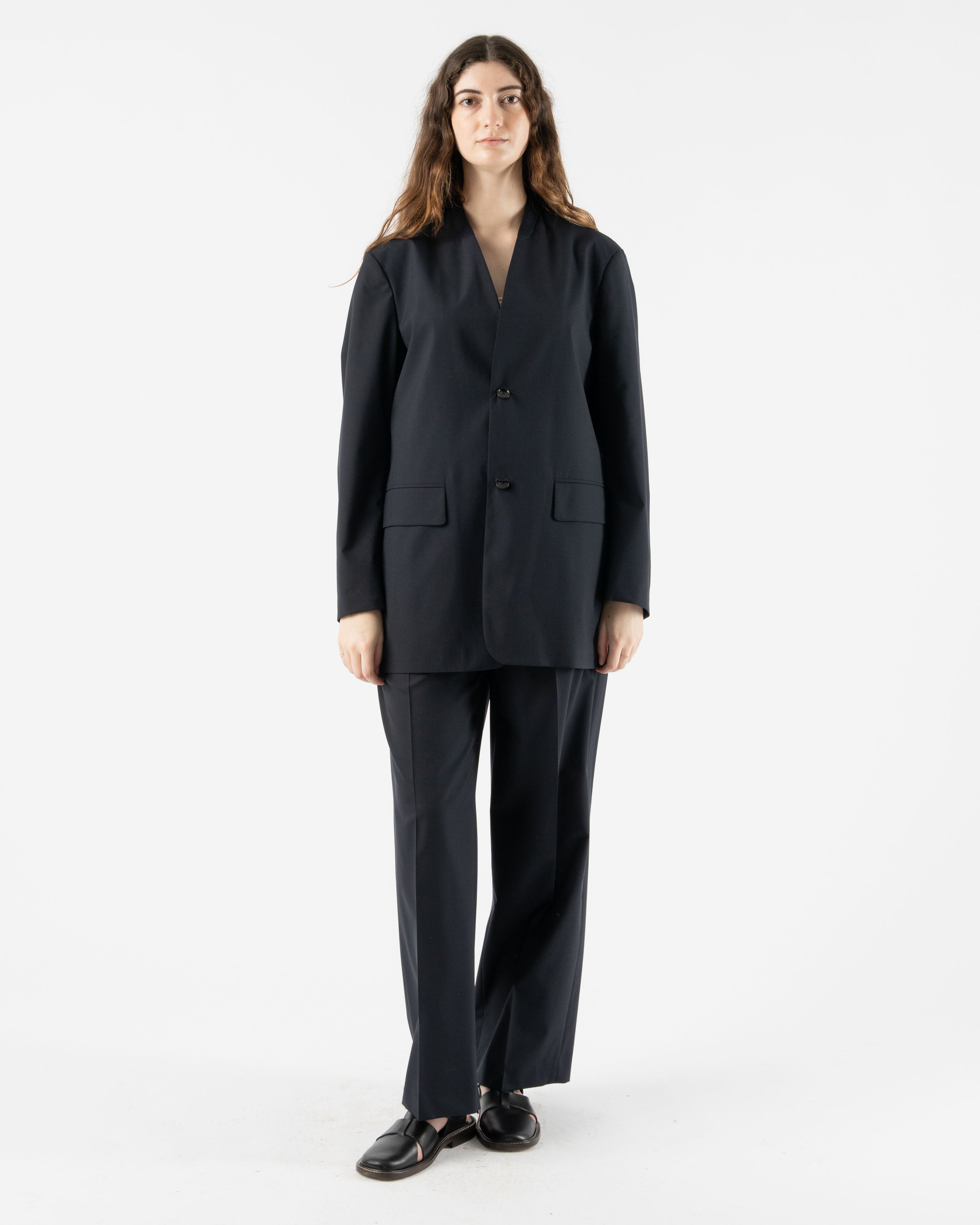 Auralee Super Fine Tropical Wool No Collar Jacket in Dark Navy