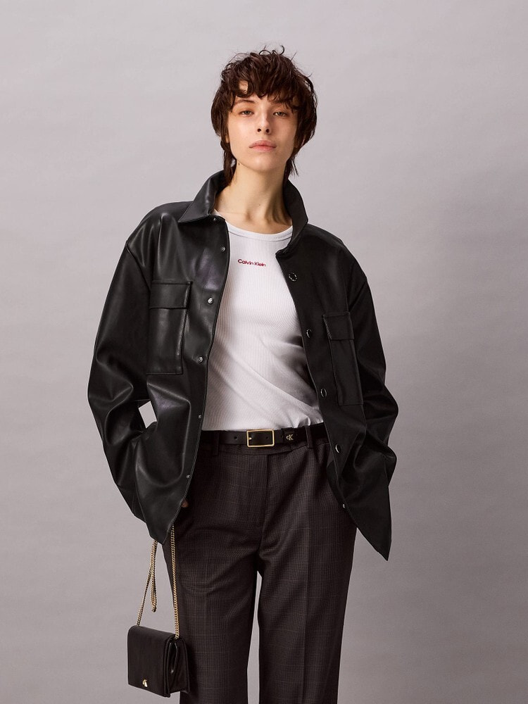 シャツジャケット - ロングスリーブフェイクレザーシャツジャケット