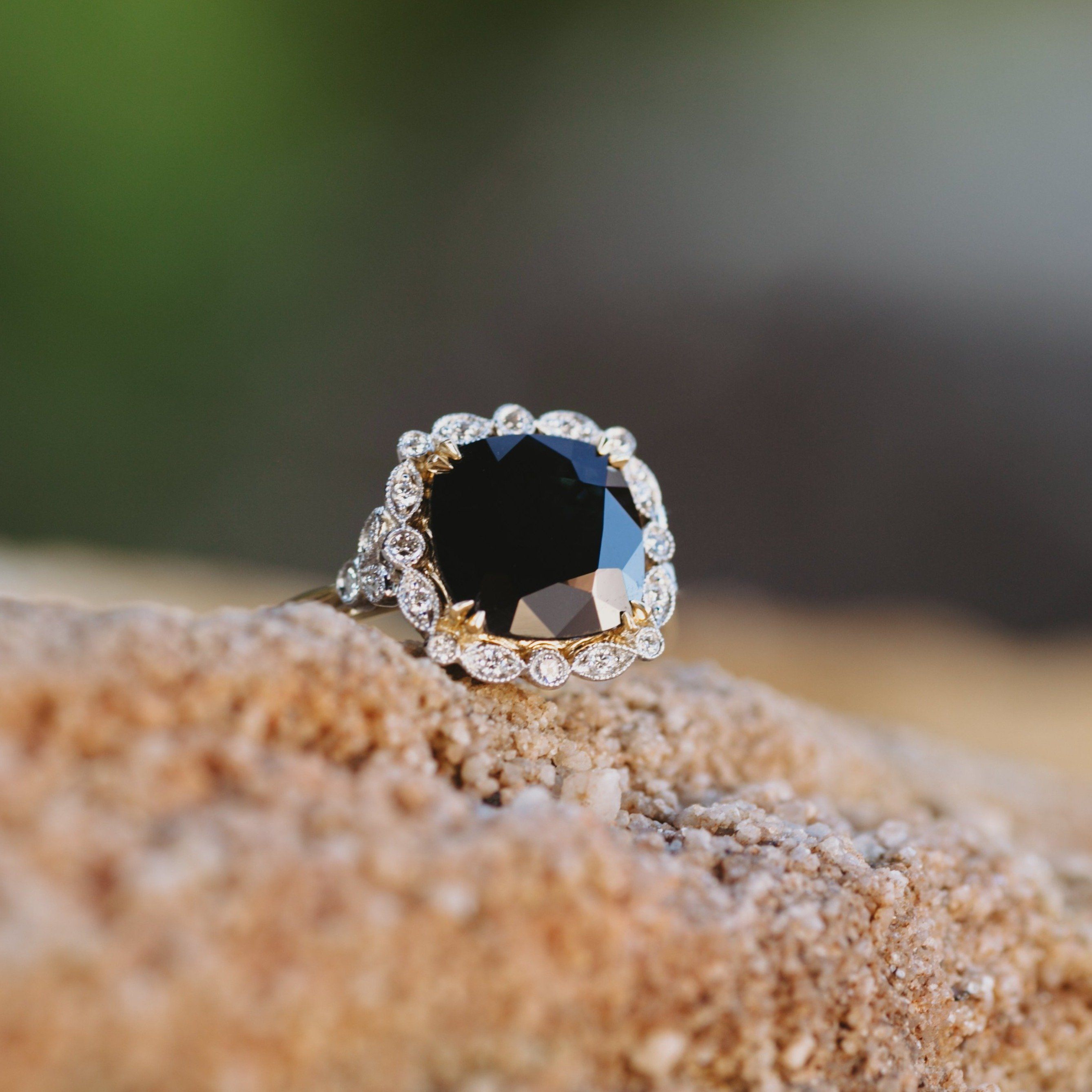 Black Australian Sapphire Cocktail Ring | Platinum | Yellow Gold