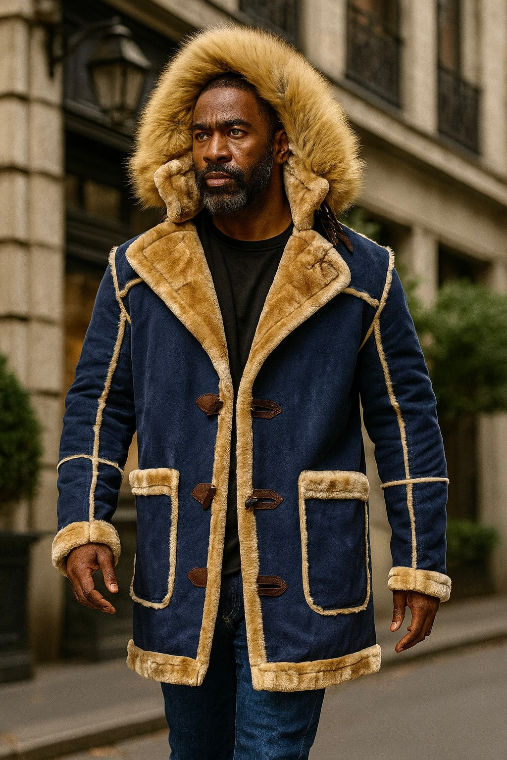3/4 Length Faux Shearling Coat – Navy -Jordan Craig