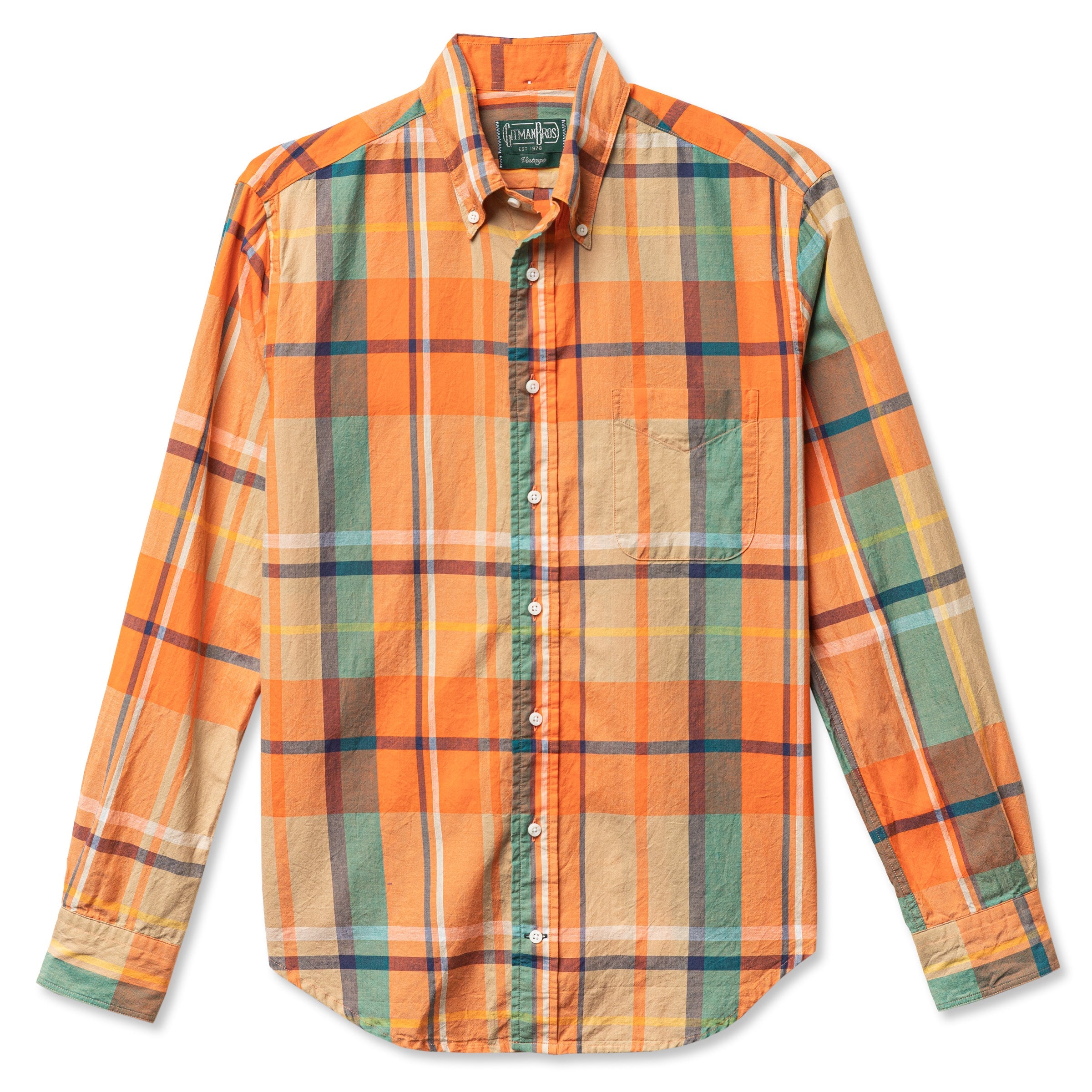Gitman Vintage LS Shirt in Orange / Green Archive Madras