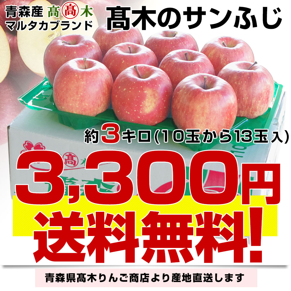 青森県より産地直送 高木りんご商店 サンふじ秀A 品 3キロ（10玉から13