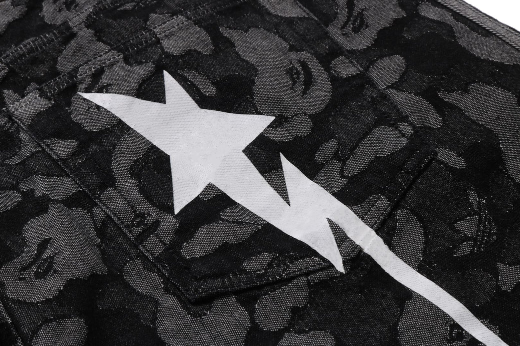 BAPE X ADIDAS 】CAMO JACQUARD SHARK DENIM JORTS | bape.com