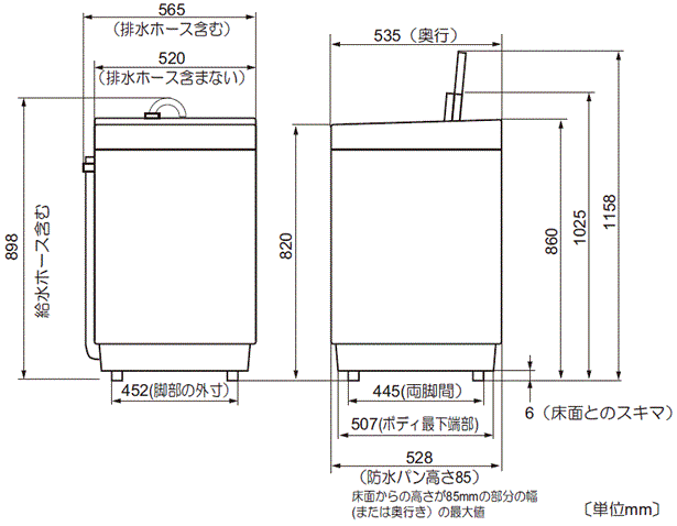 全自動洗濯機（ES-GE6A／ES-GE7A）｜本体寸法図/寸法図の見方：シャープ