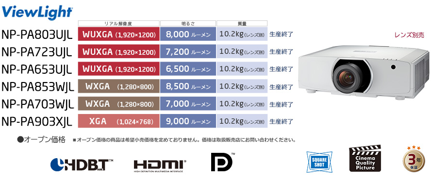 ViewLight NP-PA803UJL/PA723UJL/PA653UJL/PA853WJL/PA703WJL/PA903XJL