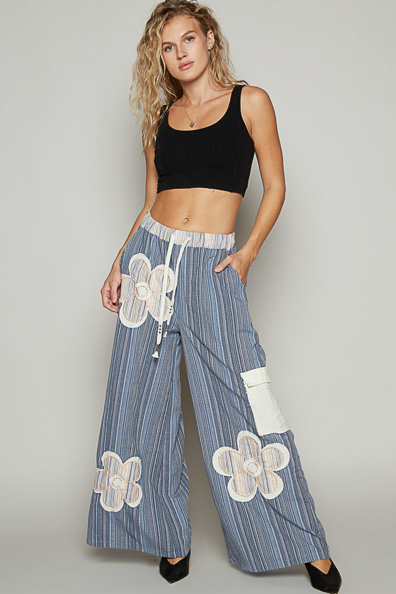 POL Multi Colored Striped Woven Pants with Flower Patches in Navy